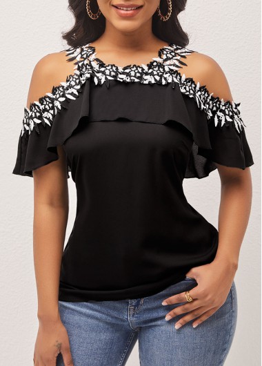 Flounce Lace Stitching Cold Shoulder Black Blouse