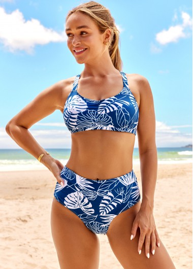ROTITA Lace Up Tropical Print High Waisted Bikini Set