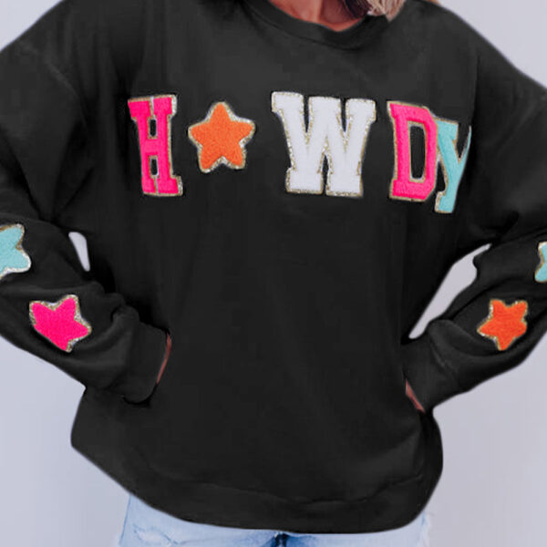 Add some fashionable twist to your wardrobe with this pullover sweatshirtThe glittering “HOWDY” graphic gives a touch of glam to any outfitThe star patterns on the sleeves bring a cute and childlike feelPairing with shorts or jeans