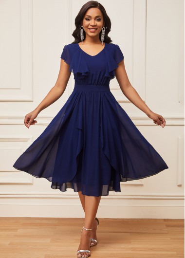 Chiffon Navy Blue V Neck Short Sleeve Dress