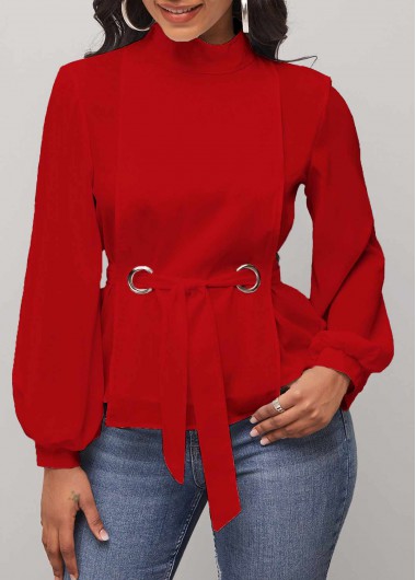 Mock Neck Red Belted Long Sleeve Blouse
