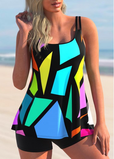 Rainbow Color Geometric Print Wide Strap Tankini Top