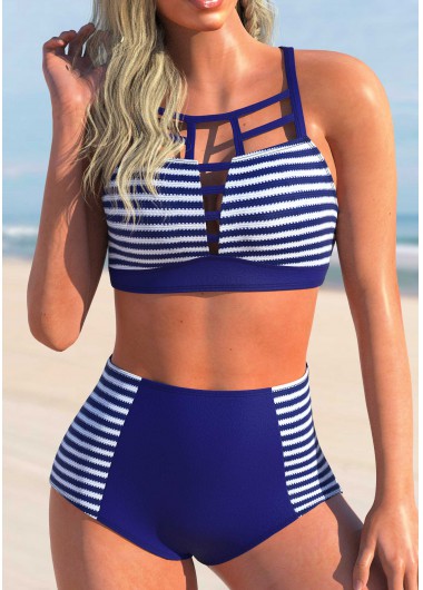 ROTITA Stripe Print Cross Strap Navy Blue Bikini Set