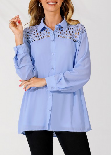ROTITA Lace Trim Blue Turndown Collar Long Sleeve Blouse
