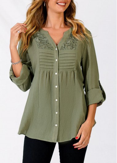 Lace Panel Sage Green Split Neck Blouse