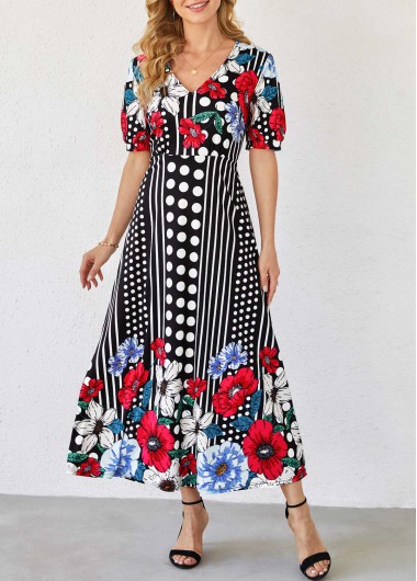 Polka Dot and Floral Print Short Sleeve Dress