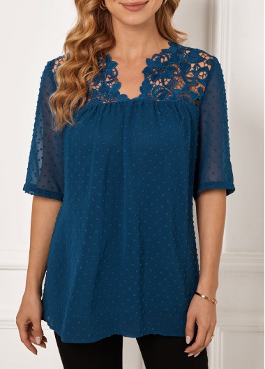 Navy Blue Split Neck Lace Stitching Blouse
