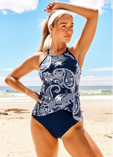 Paisley Print Cross Strap Navy Blue Tankini Set