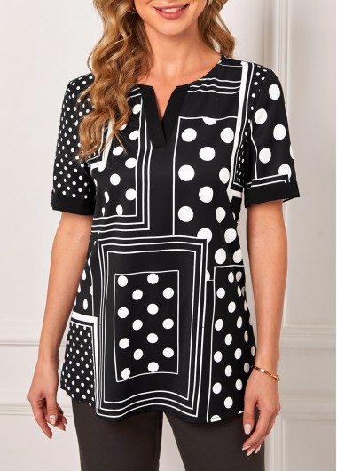 Polka Dot Geometric Print Black Split Neck T Shirt