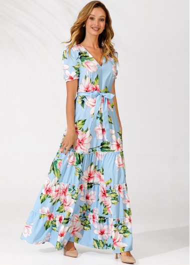 Light Blue Belted V Neck Floral Print Tiered Dress