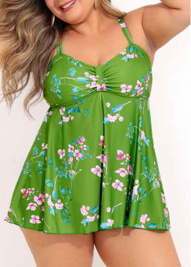 Floral Print Plus Size Green Swimdress Top