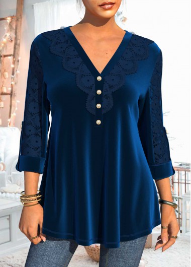 ROTITA Velvet and Lace Stitching Christmas Design Blue Blouse