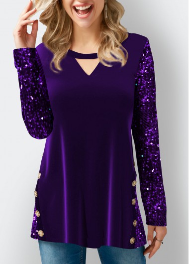 Purple Sequin Velvet Stitching Decorative Button T Shirt