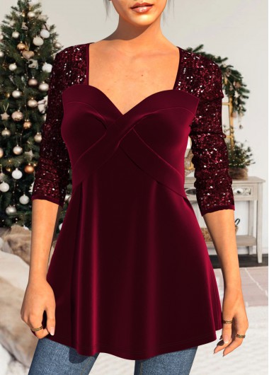 Sequin Velvet Stitching Wine Red Sweetheart Neckline T Shirt