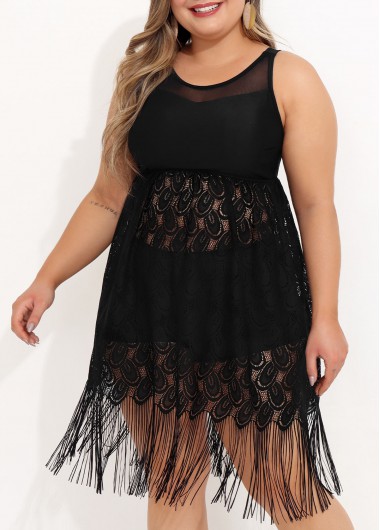 Lace Stitching Tassel Plus Size Black Swimdress Top