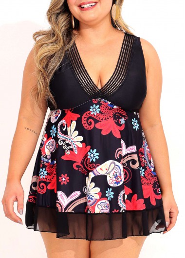 Tribal Print Plus Size Mesh Stitching Swimdress Top