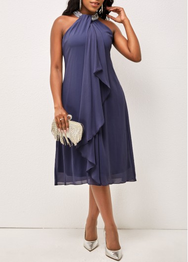 Solid Embellished Neck Flounce Sleeveless Dress