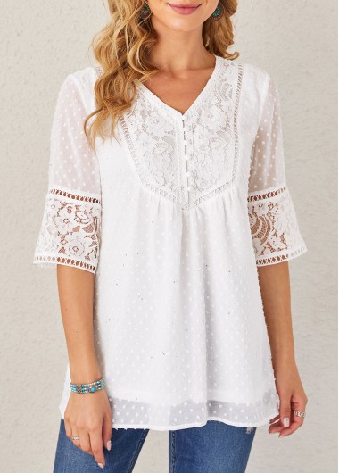 Lace Stitching Sequin V Neck White Blouse