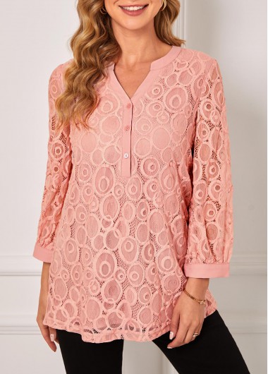 Lace Stitching Split Neck Pink Blouse