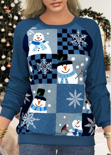 Long Sleeve Christmas Snowman Print Blue Sweatshirt