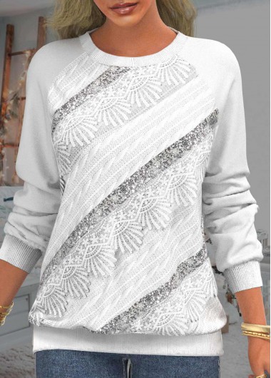 Sequin Long Sleeve Lace Patchwork White Sweatshirt