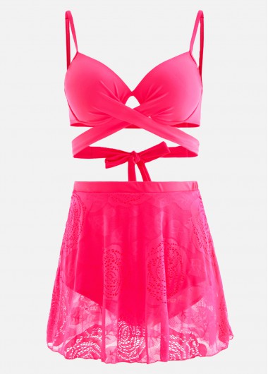 ROTITA Lace Stitching High Waist Hot Pink Bikini Set