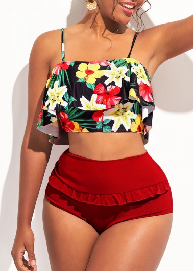 Flounce Floral Print High Waist Bikini Set
