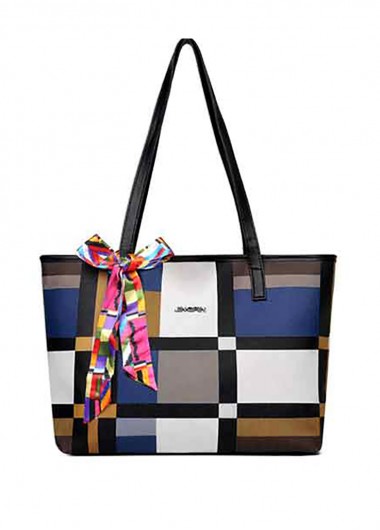 Ribbon Detail Plaid Color Block Tote Bag