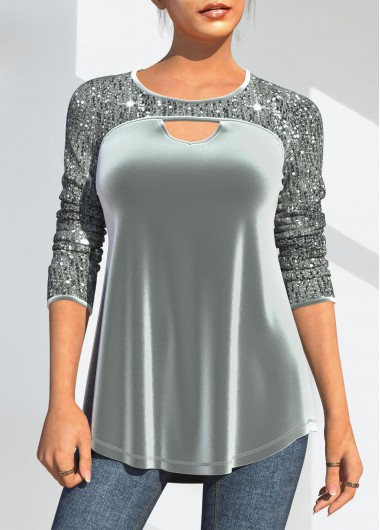 ROTITA Velvet Stitching Sequin Grey Cutout Design T Shirt