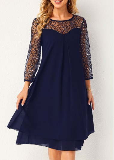 Lace Stitching Navy Blue Sequin Dress