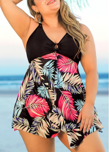 Tropical Print Plus Size Black Swimdress Top
