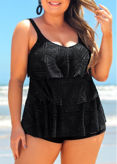 Plus Size Lace Layered Hem Black Tankini Top