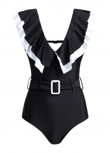 ROTITA Flounce Black Buckle Detail One Piece Swimwear