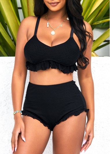High Waisted Flounce Criss Cross Back Black Bikini Set