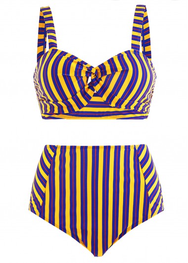 ROTITA High Waist Striped Cross Front Cutout Bikini Set