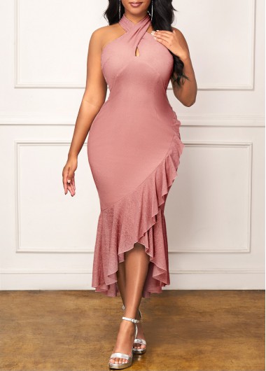 Sleeveless Dusty Pink Criss Cross Neck Mermaid Dress