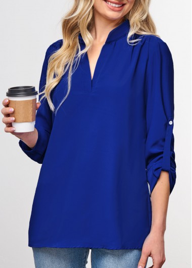 Roll Tab Sleeve Royal Blue Split Neck Blouse