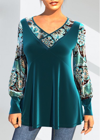 ROTITA Velvet Stitching Peacock Blue Tribal Print T Shirt