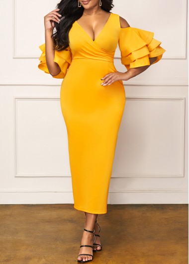 Layered Ruffle Sleeve Back Slit Yellow Dress
