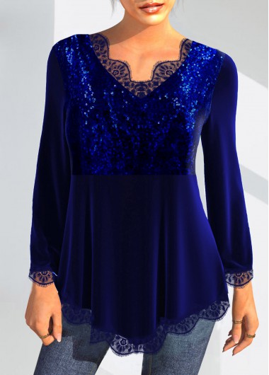 Lace Velvet Stitching Royal Blue Sequin T Shirt