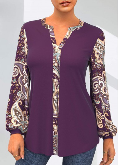 Purple Paisley Print Split Neck Blouse