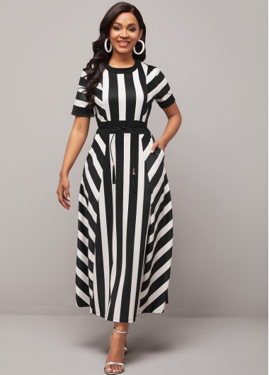 Round Neck Belted Color Block Striped Dress