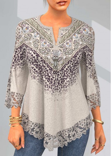 Leopard Split Neck Lace Stitching Light Khaki T Shirt
