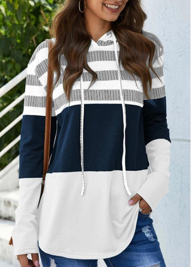 ROTITA Drawstring White Stripe Print Long Sleeve Hoodie