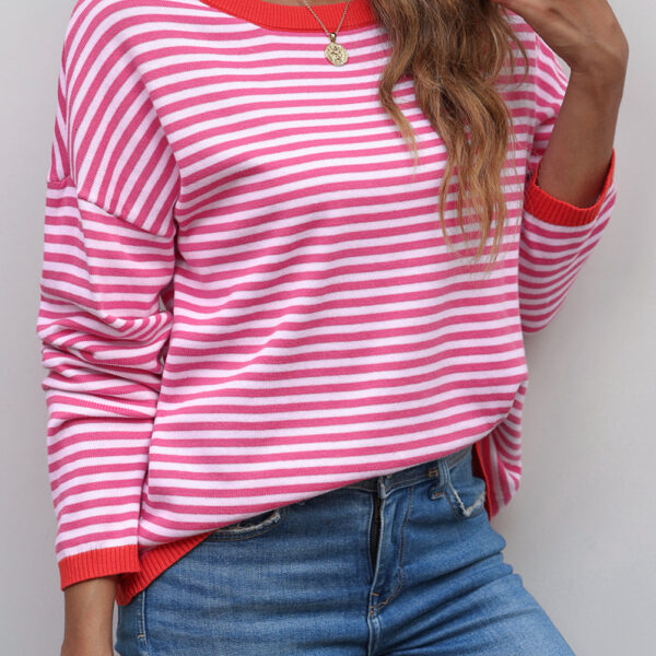 This striped sweater is timeless and will never go out of style. The contrasting trim adds a touch of pizzazz