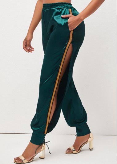 Lace Up Dark Green Side Slit Pants
