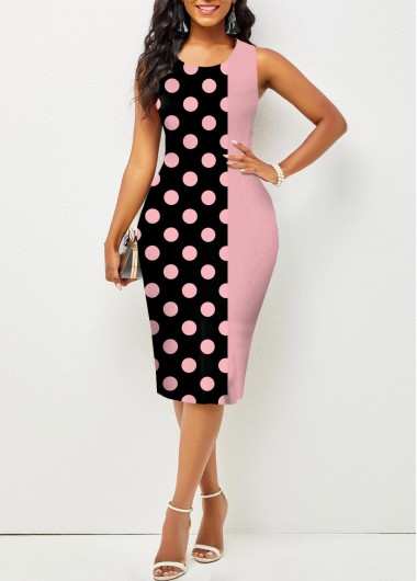Polka Dot Pink Sleeveless Round Neck Bodycon Dress