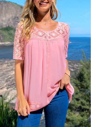 Pink Lace Patchwork Round Neck Blouse