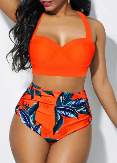 Orange High Waisted Tropical Print Bikini Set