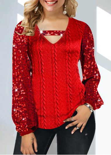Red Cutout Sequin V Neck T Shirt